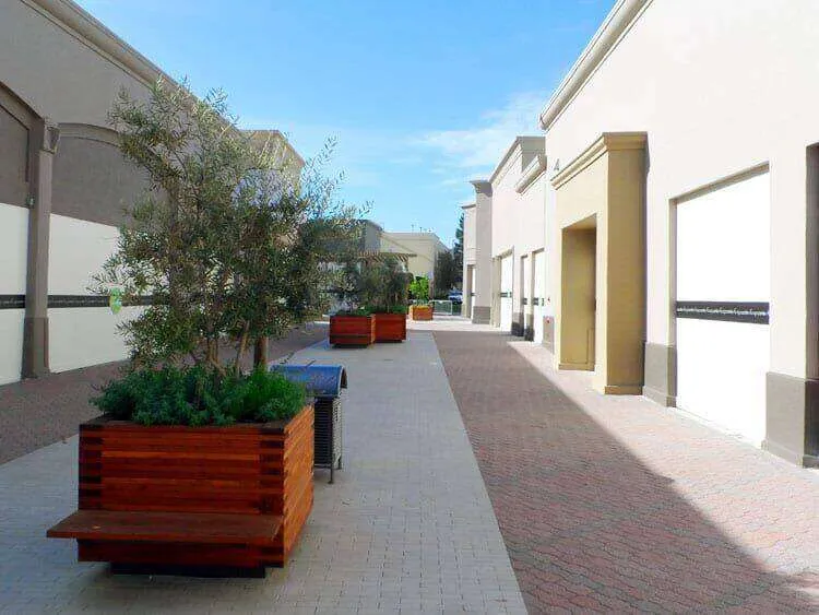 Commercial building exterior with EIFS walls, paved walkway, and planters with trees. — Sonoma area