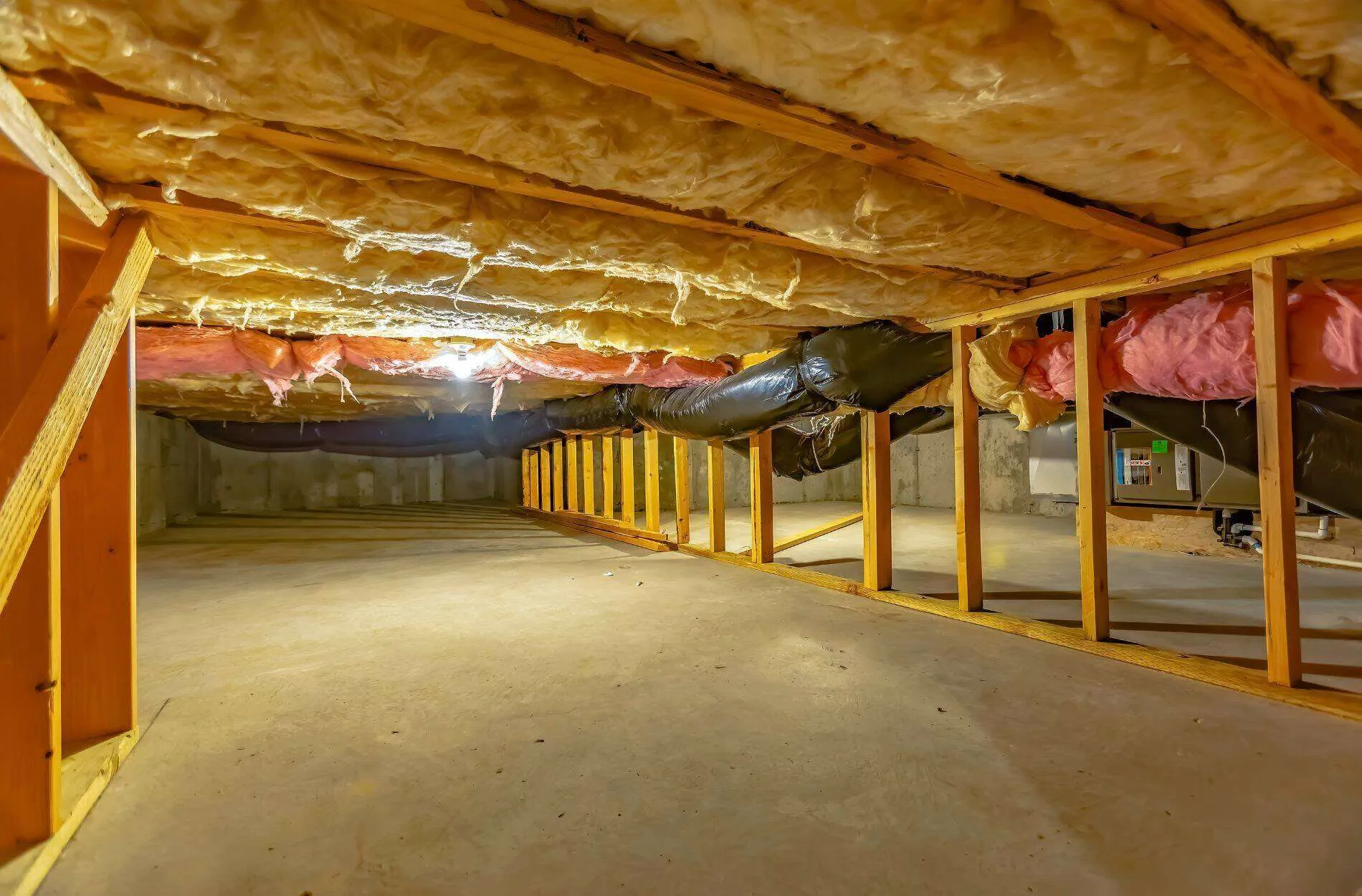 Clean crawl space with insulation and ductwork, showcasing waterproofing solutions.