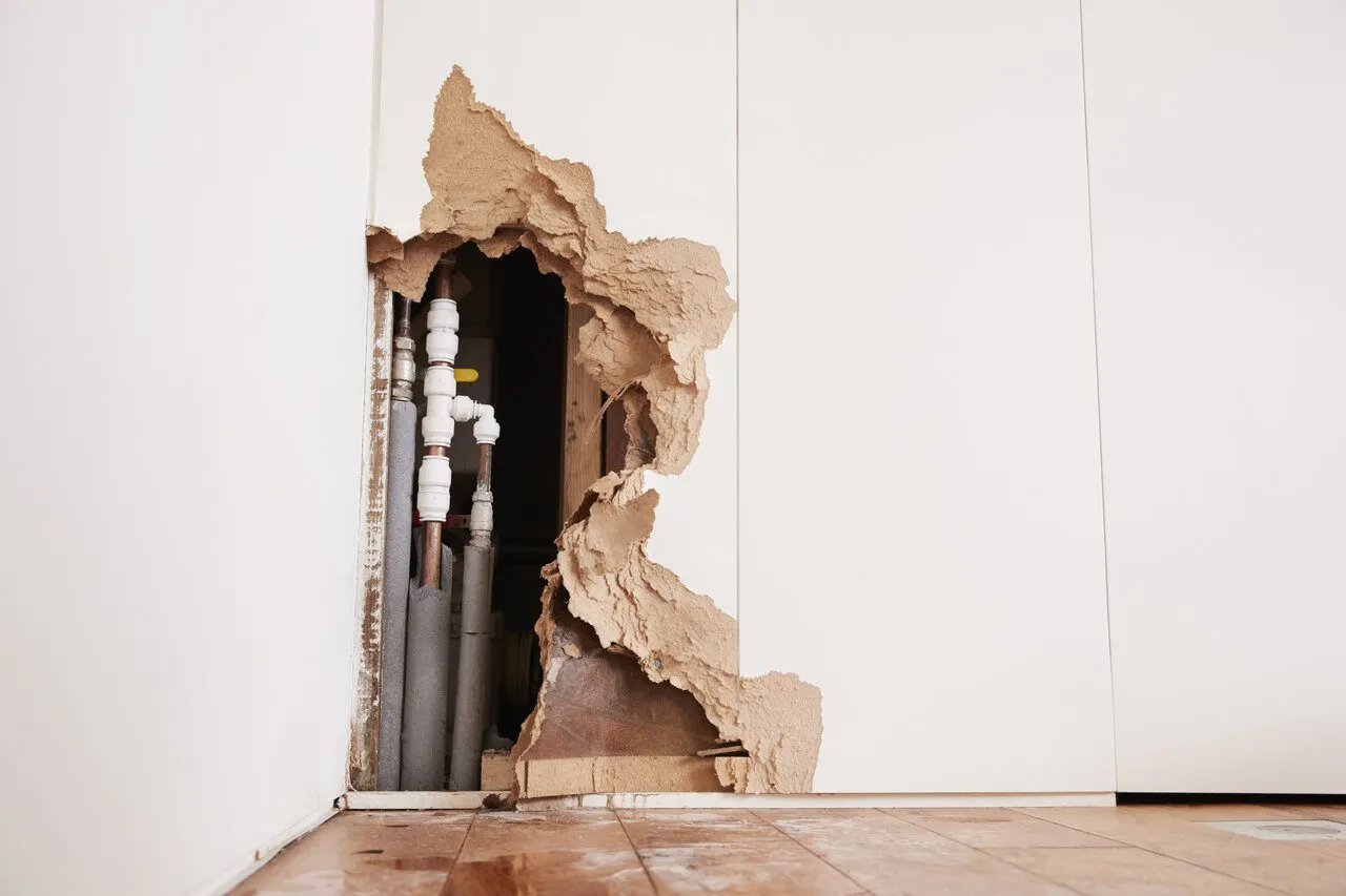 Damaged wall with exposed burst water pipes, showing water damage and torn plaster.