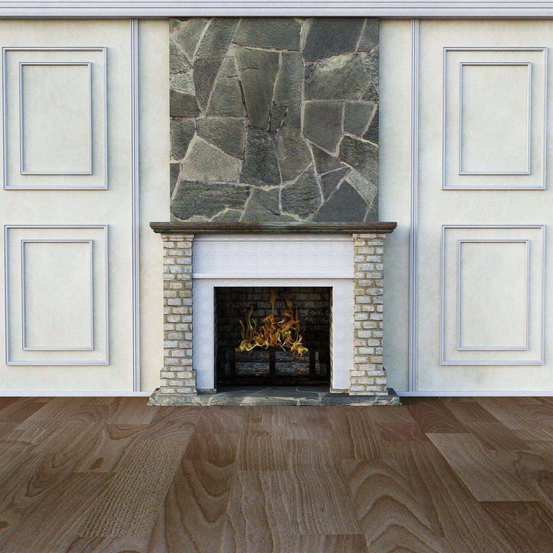 Fireplace with stone surround, wooden mantel, and decorative wall paneling.