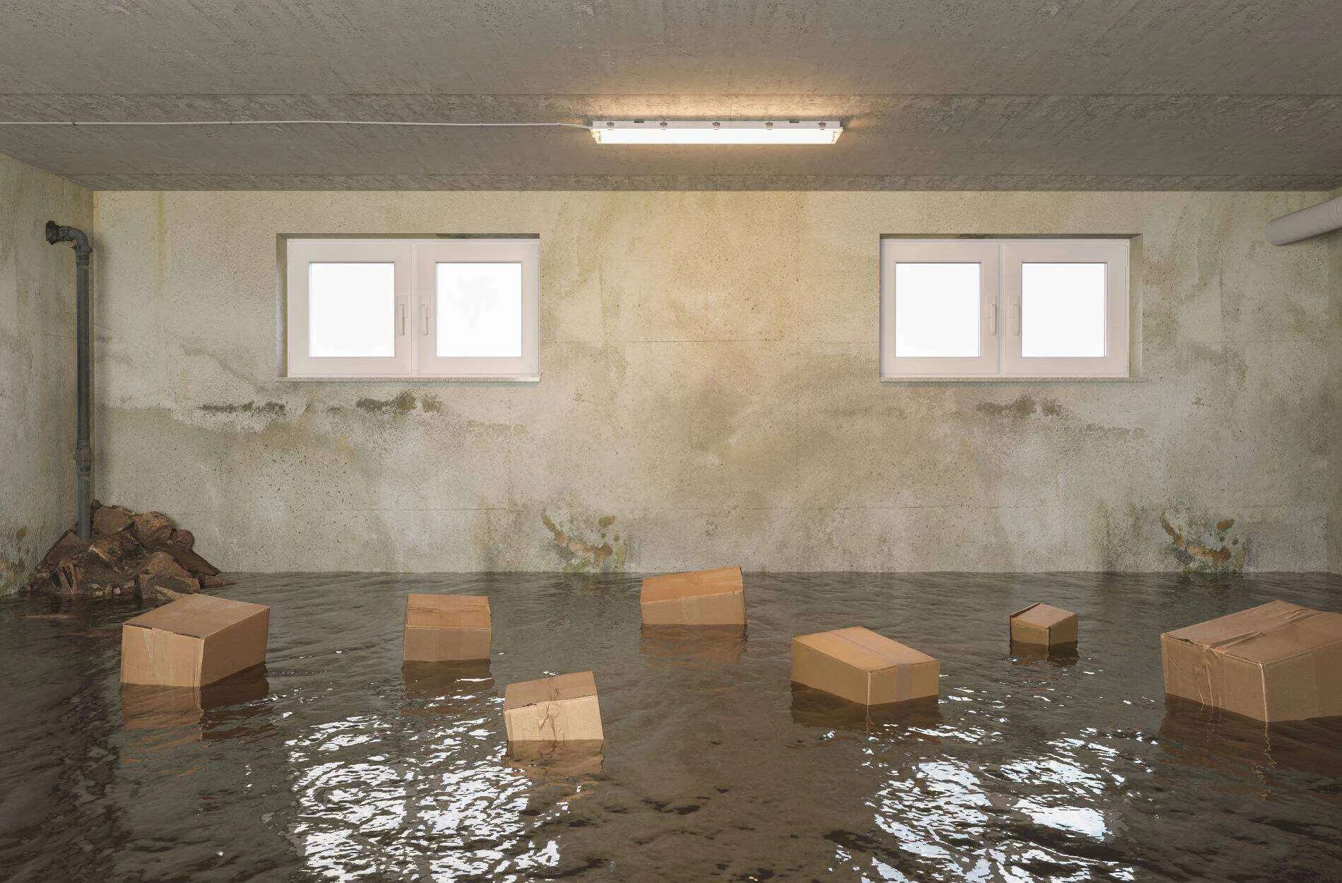 Basement with standing water and floating cardboard boxes, indicating flooding issues.