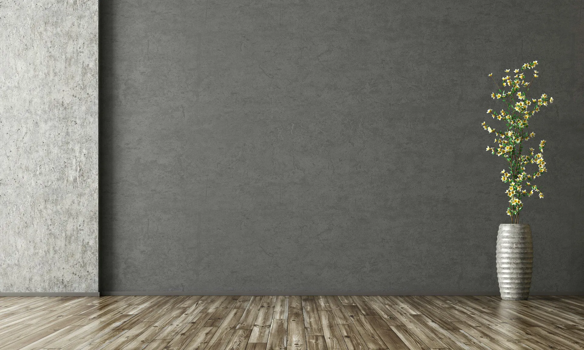 Modern interior with dark plaster wall, textured light wall, wooden floor, and vase with flowers.