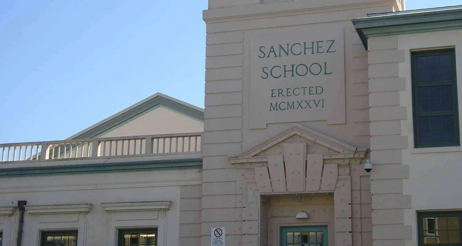 Facade of Sanchez School with plaster exterior and architectural details. — Ross area