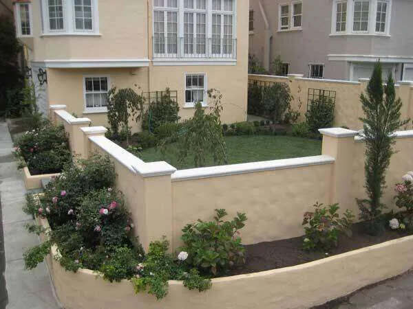 Residential garden with smooth plaster wall and various plants and shrubs.